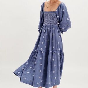 NEW Free People Dahlia Embroidered Maxi Dresss in Denim Combo - XS